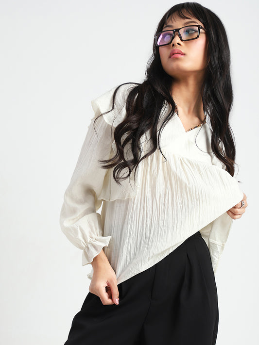 Offwhite Cotton Nylon Ruffle Top