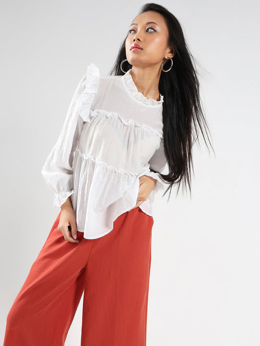 White Ruffled Tiered Long Sleeve Flowy Top