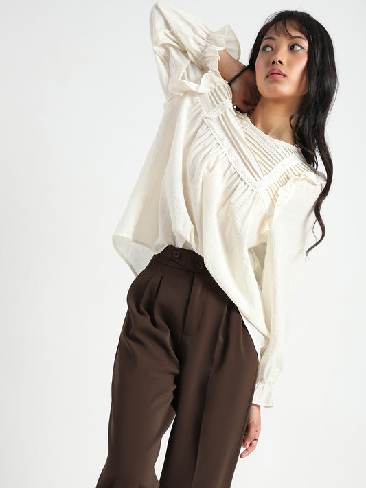 Off-White Pleated Yoke Ruffle Top