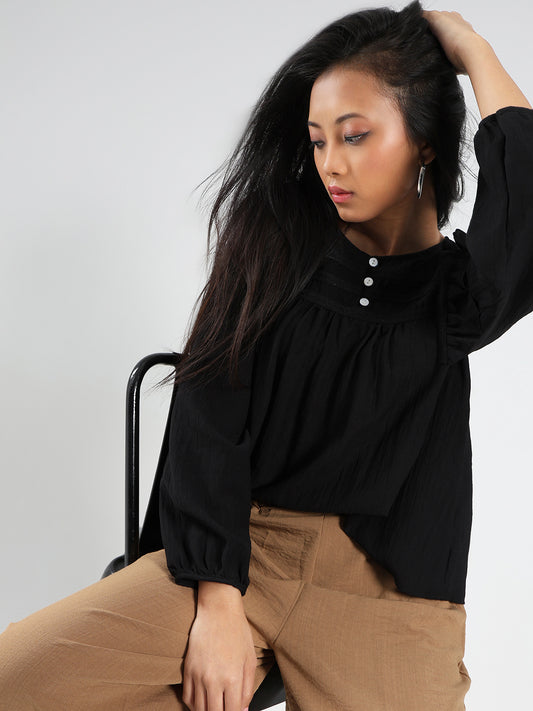 Black Cotton Nylon Ruffled Button-Front Top