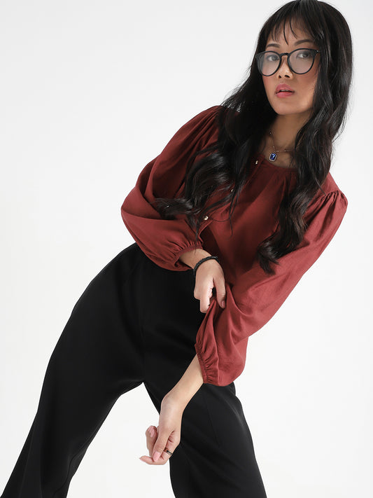 Rust Cotton Nylon Puff Sleeve Top