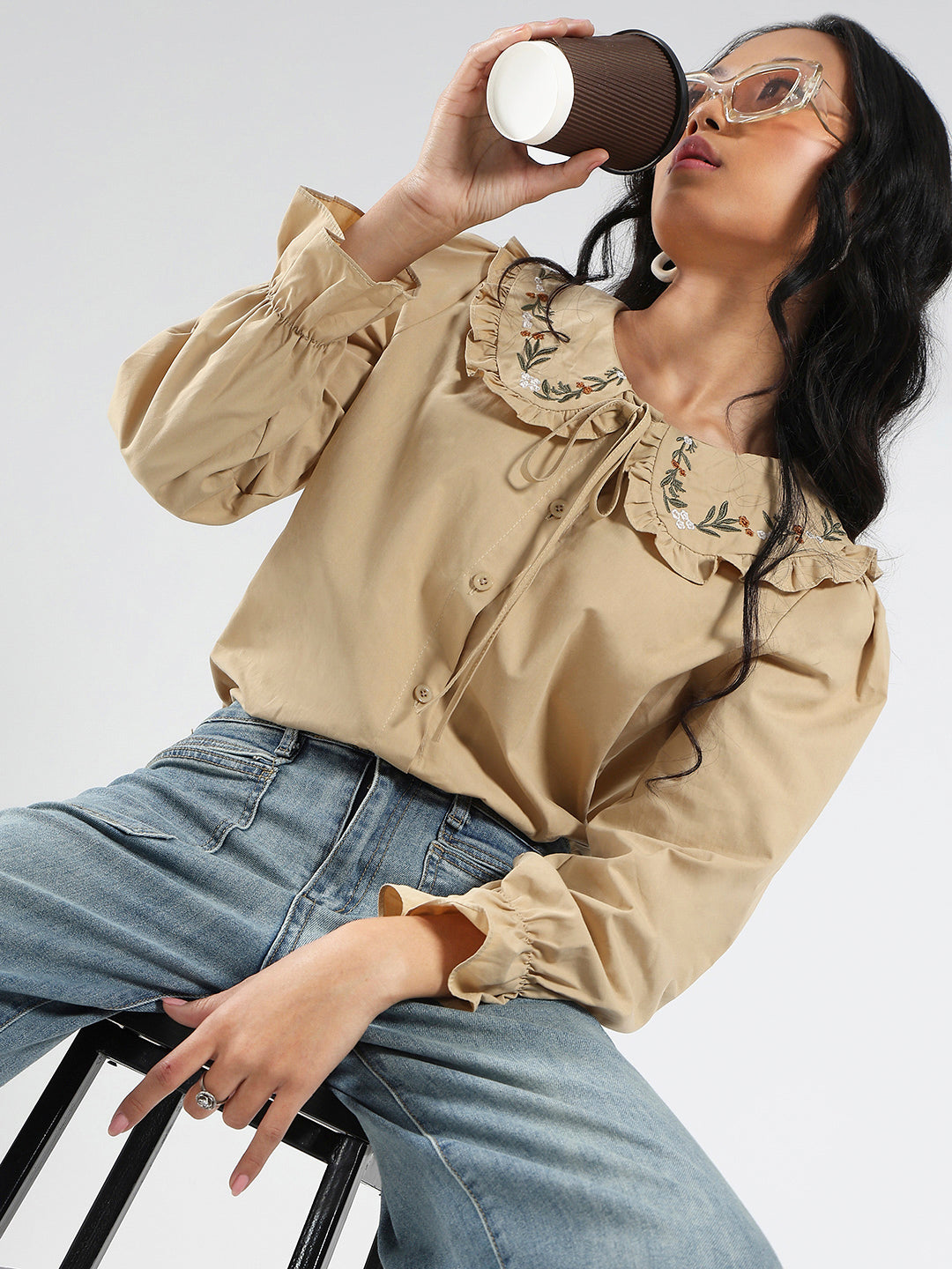 Beige Embriodered Peter Pan Collar OverSize Shirt with Floral Lace