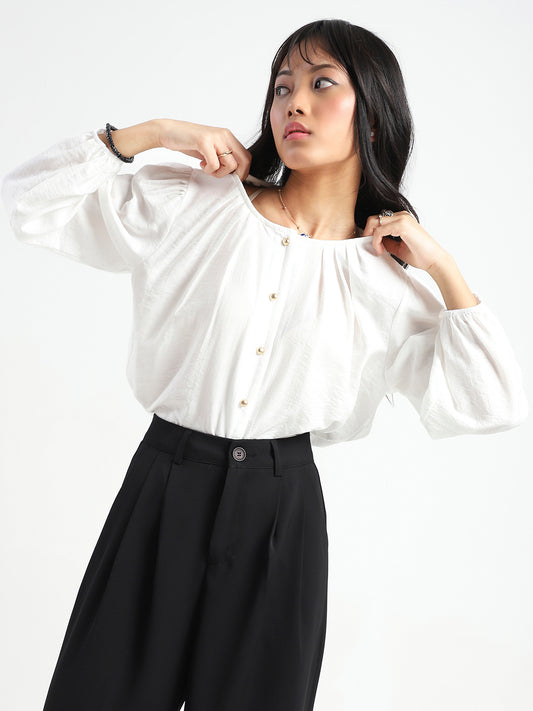 White Cotton Nylon Puff Sleeve Top
