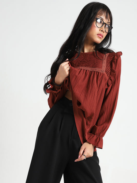 Rust Pleated Yoke Ruffle Top