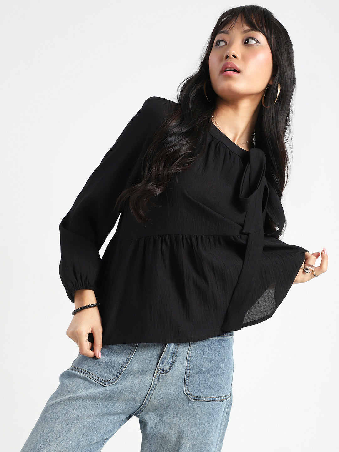 Black Bow Tie Peplum Stylish Long Sleeve Top