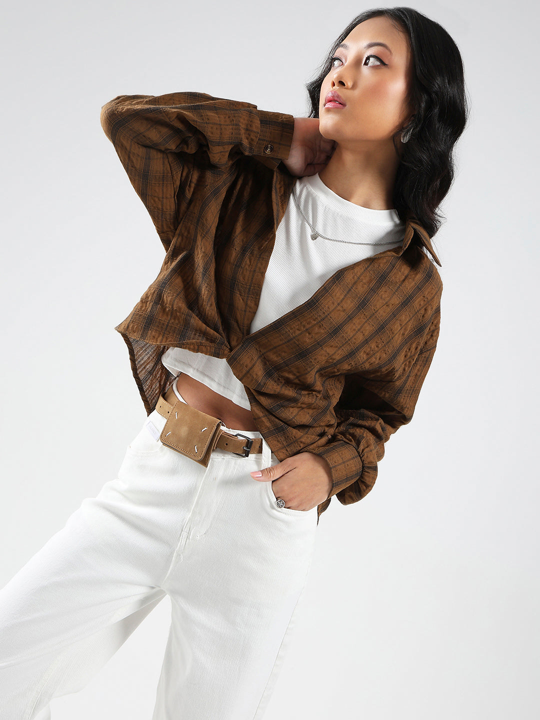 Brown Checkered Oversized Shirt with tank top and necklace