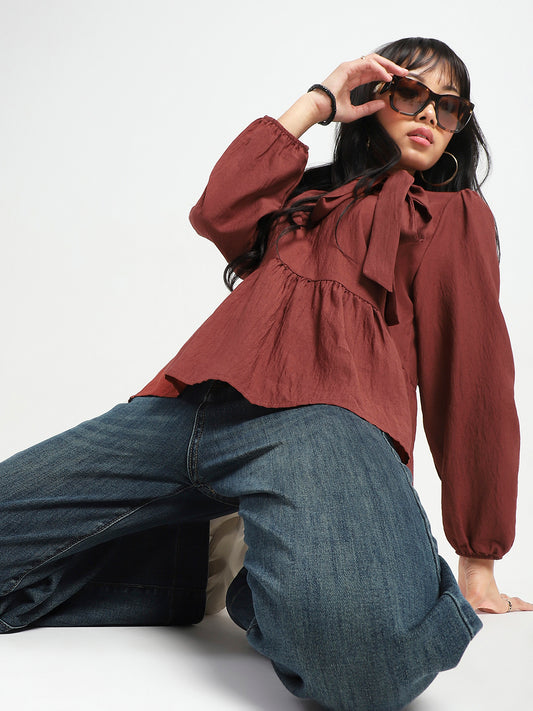 Rust Bow Tie Peplum Stylish Top