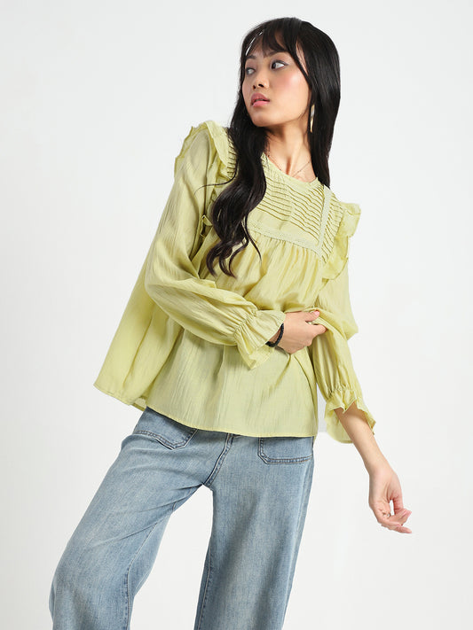 Lime Green Pleated Yoke Ruffle Top