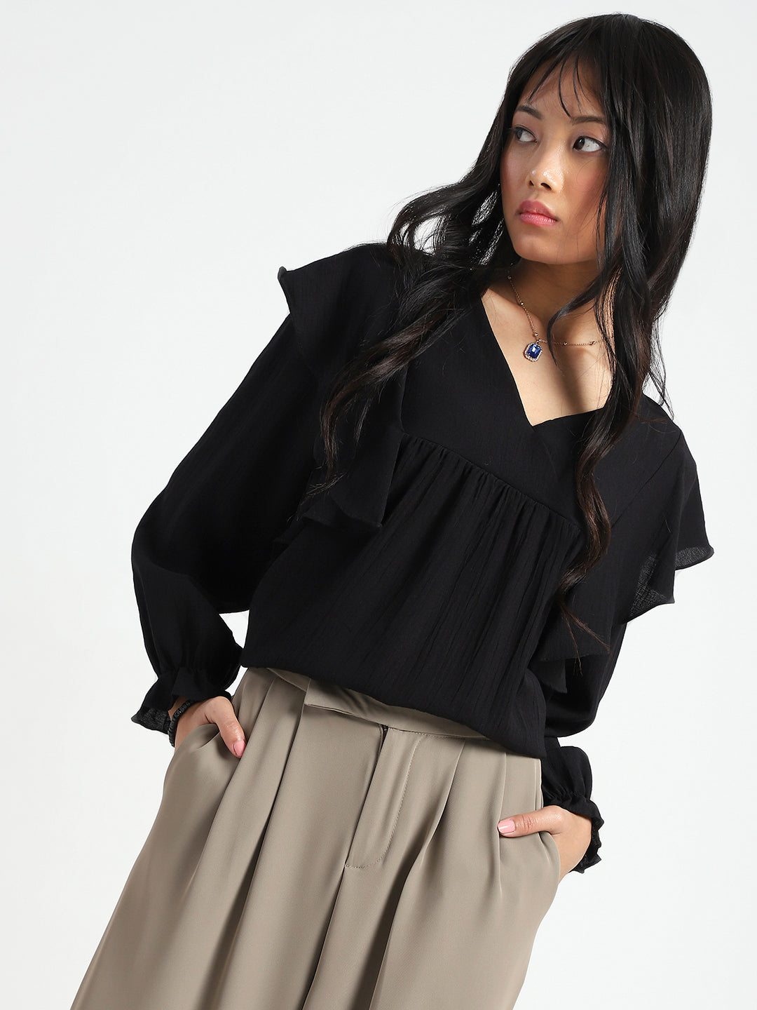 Black Cotton Nylon Ruffle Top