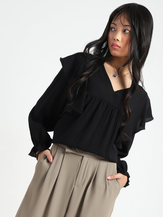 Black Cotton Nylon Ruffle Top