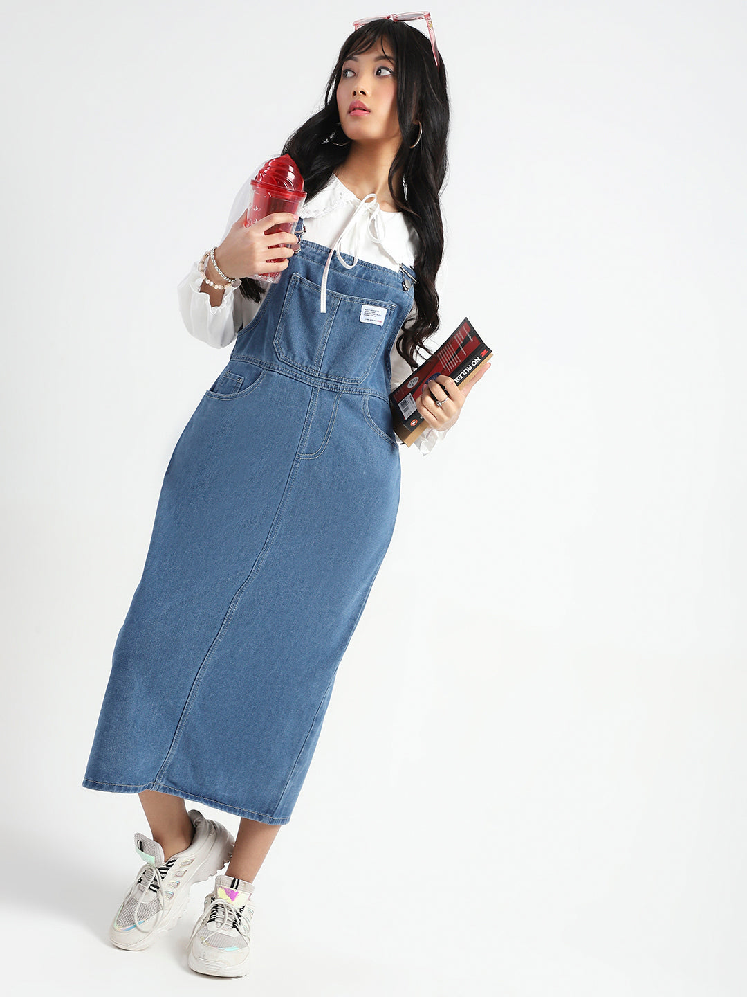 Women Navy Blue back slit Midi Dungaree