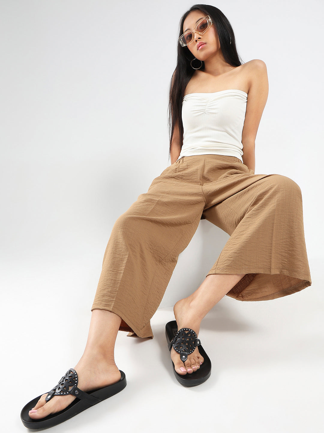 Khakhi Wide Leg High Waist Relaxed Fit Trouser