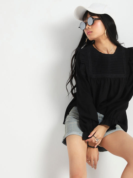 Black Pleated Yoke Ruffle Top