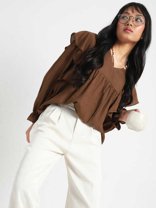 Brown Cotton Nylon Ruffle Top