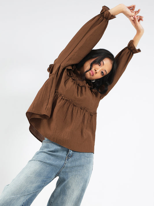 Dark Brown Ruffled Tiered Long Sleeve Flowy Top