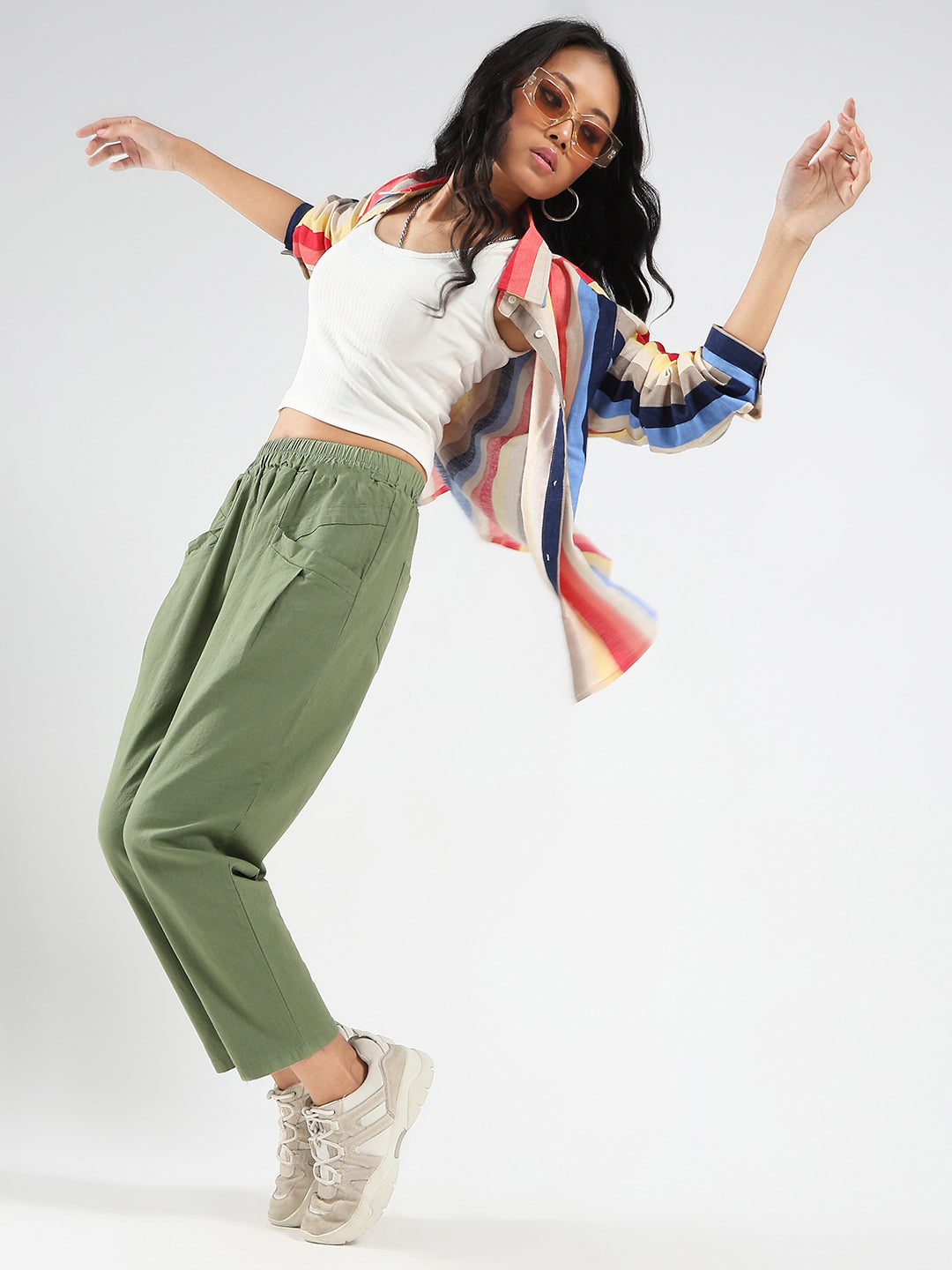 Military Green Cotton Nylon Stylish Casual Trouser
