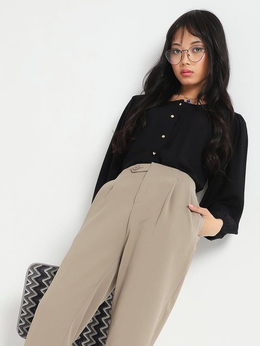 Black Cotton Nylon Puff Sleeve Top