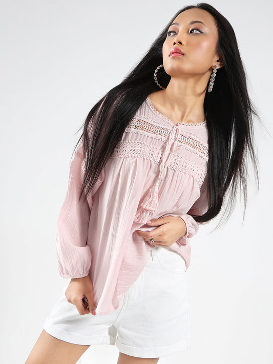 Pink Boho Chic Top with Lace and Tassel Tie up