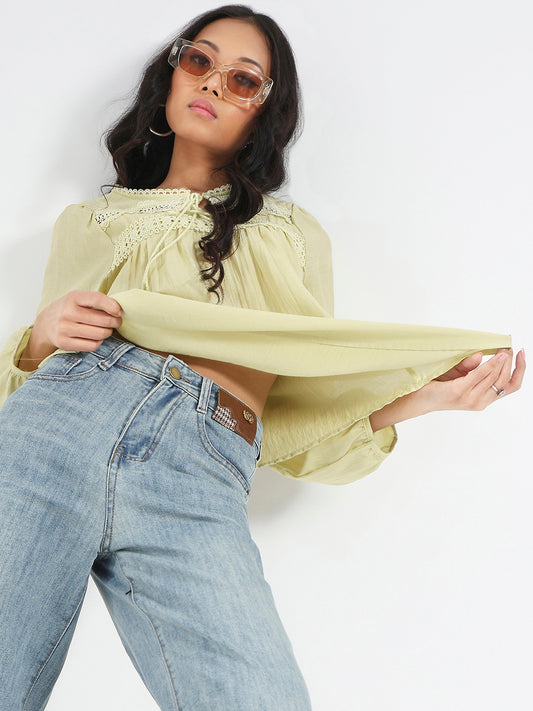 Lime Green Boho Chic Top with Lace and Tassel Tie up