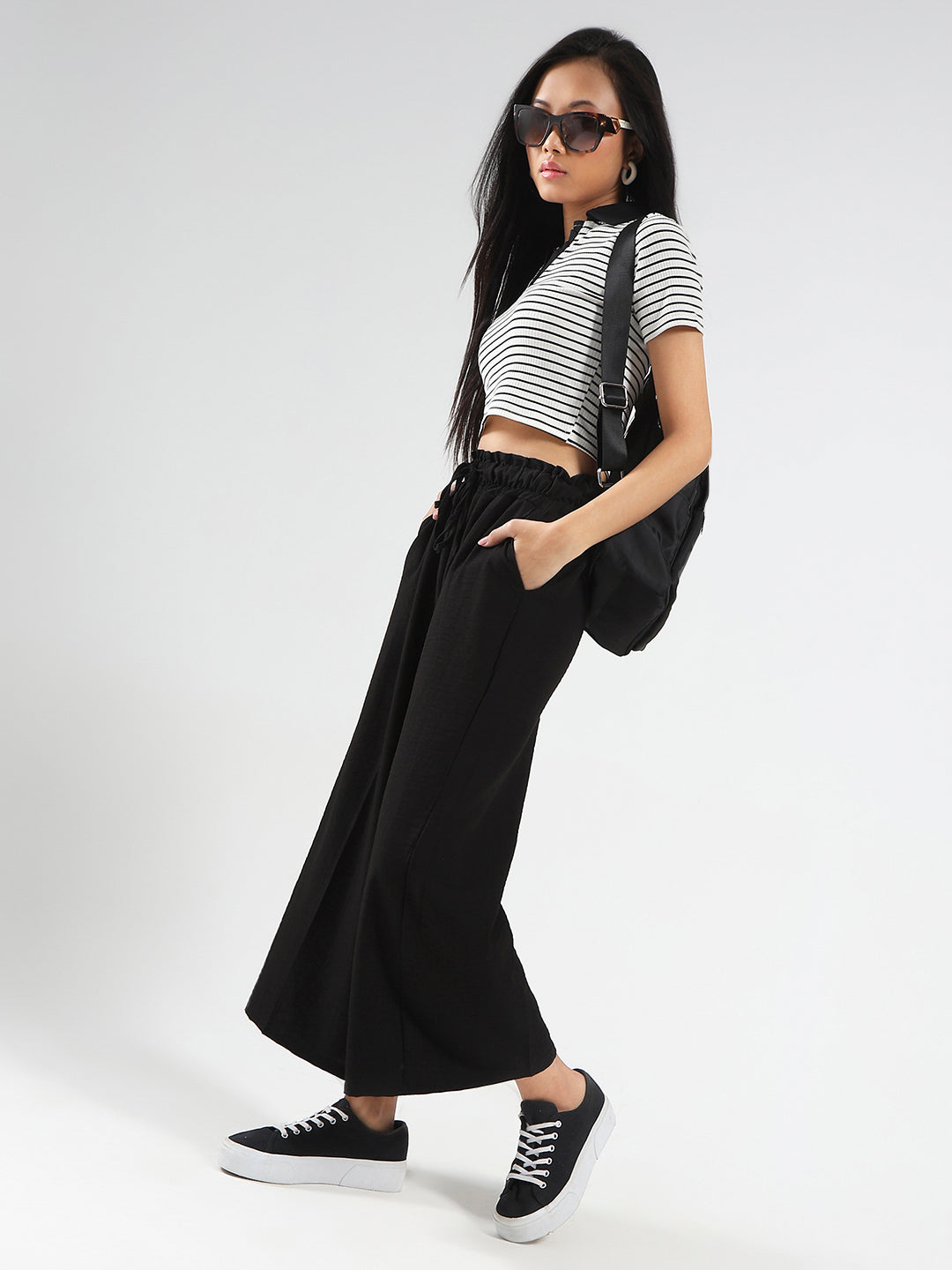 Black Cotton Nylon Wide Leg Casual Trouser