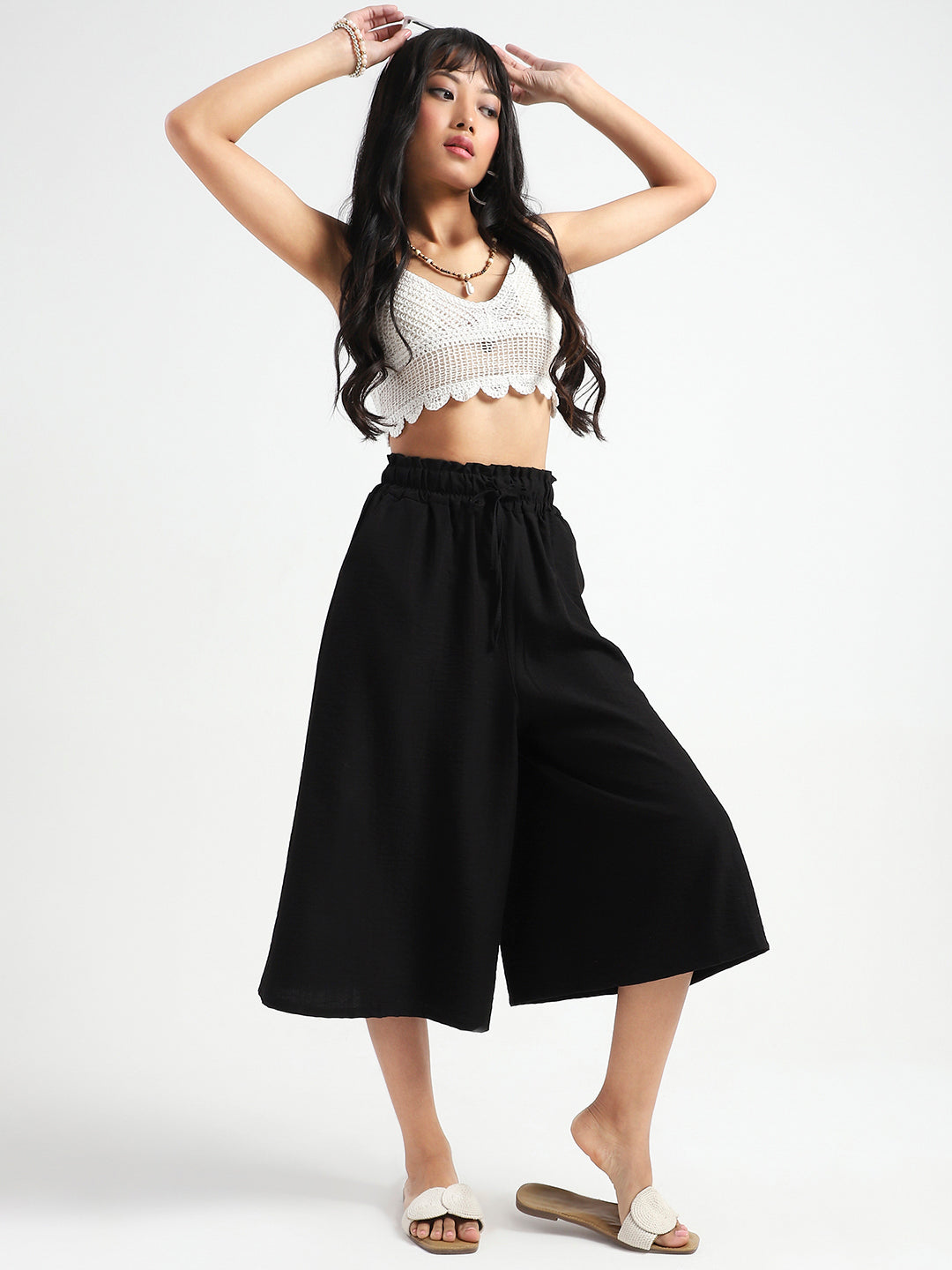 Black Cotton Nylon Wide-Leg High-Waist Capris