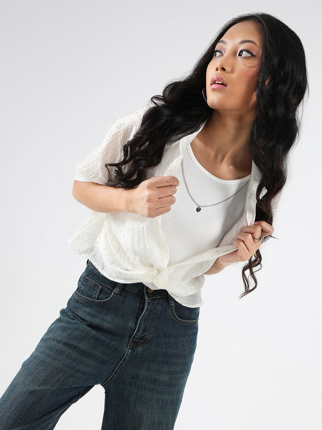 Oversized Studded Shirt Shirt with tank top and Necklace