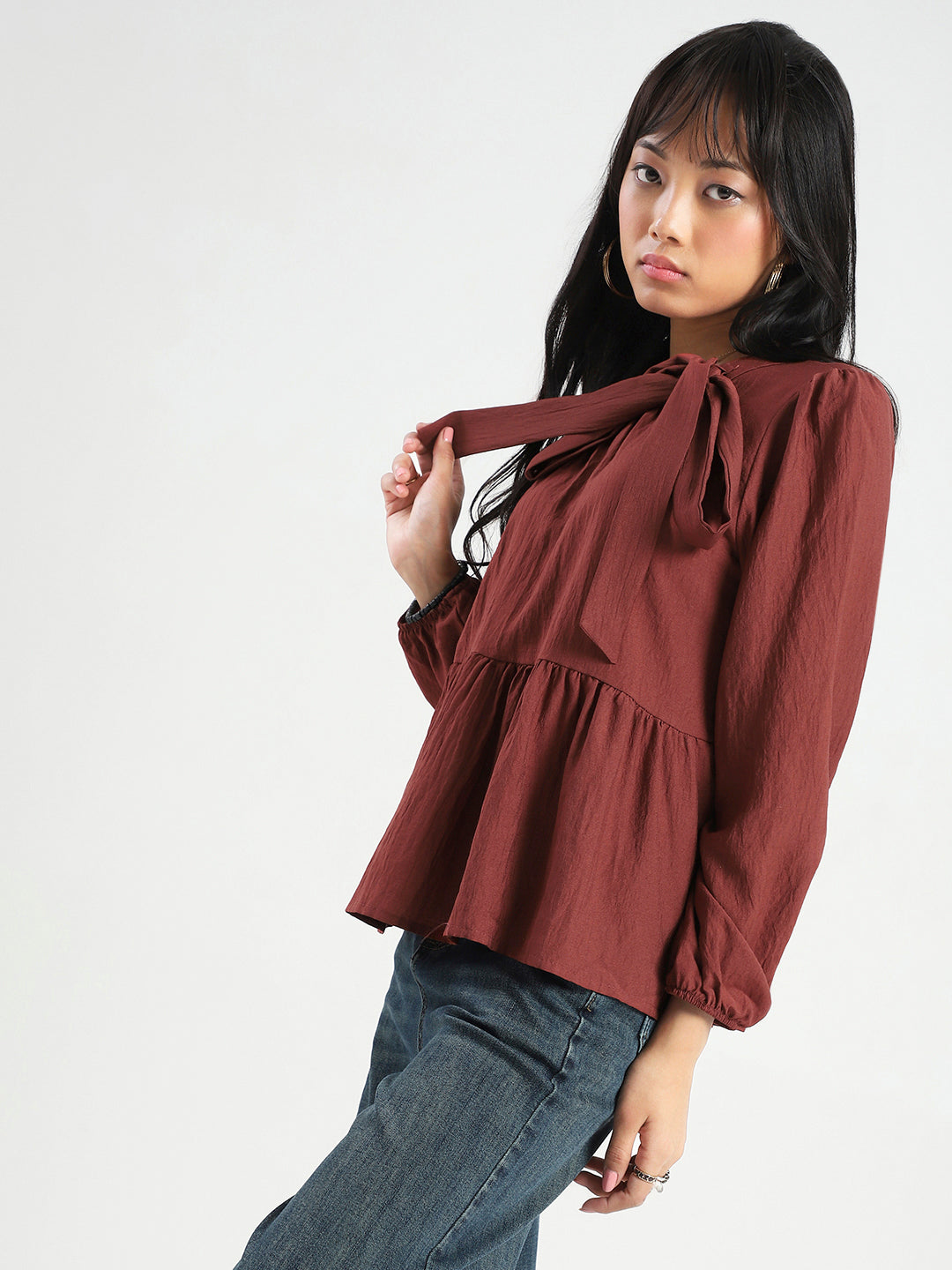Rust Bow Tie Peplum Stylish Top