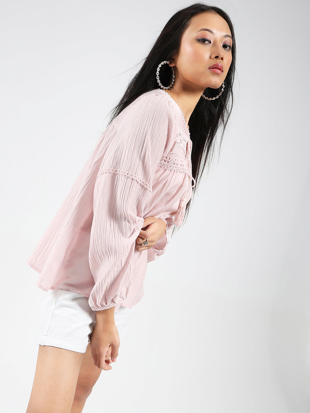 Pink Boho Chic Top with Lace and Tassel Tie up