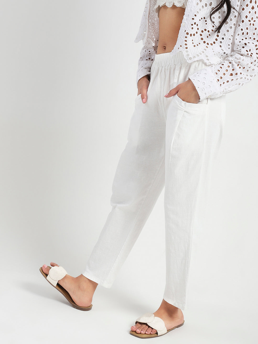 White Cotton Nylon Stylish Casual Trouser