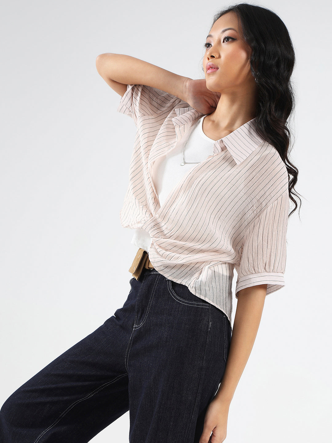 Blush Pink Striped  Oversized Top with inner tank top and necklace