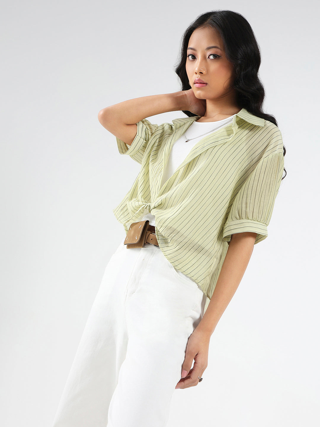 Light Green Striped Oversized Top with inner tank top and necklace