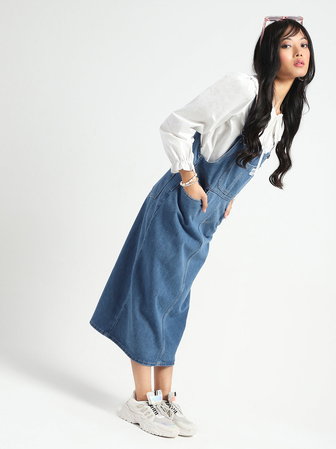Women Navy Blue back slit Midi Dungaree
