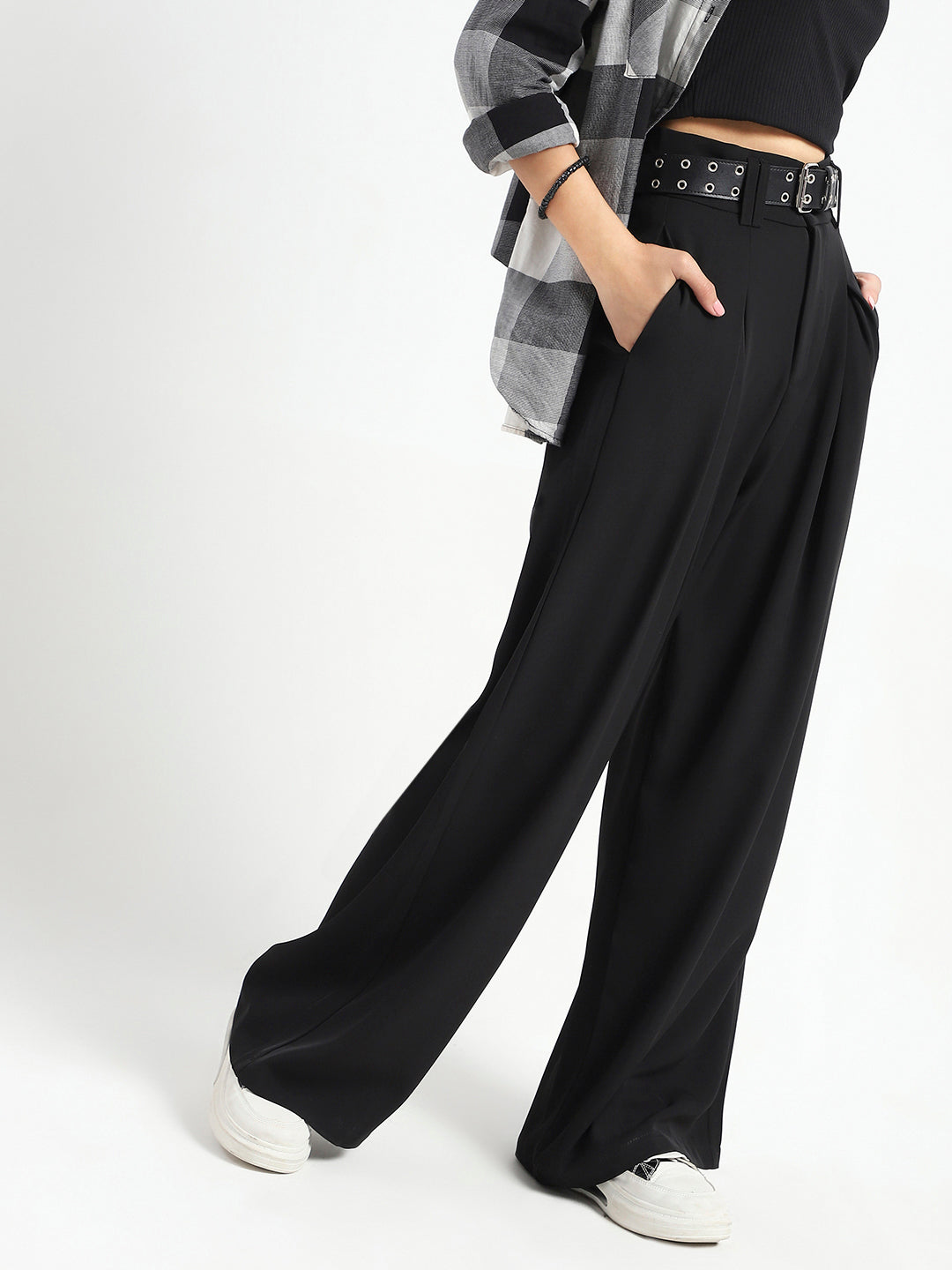 Korean High Rise Pleated Wide Leg Trouser with Belt