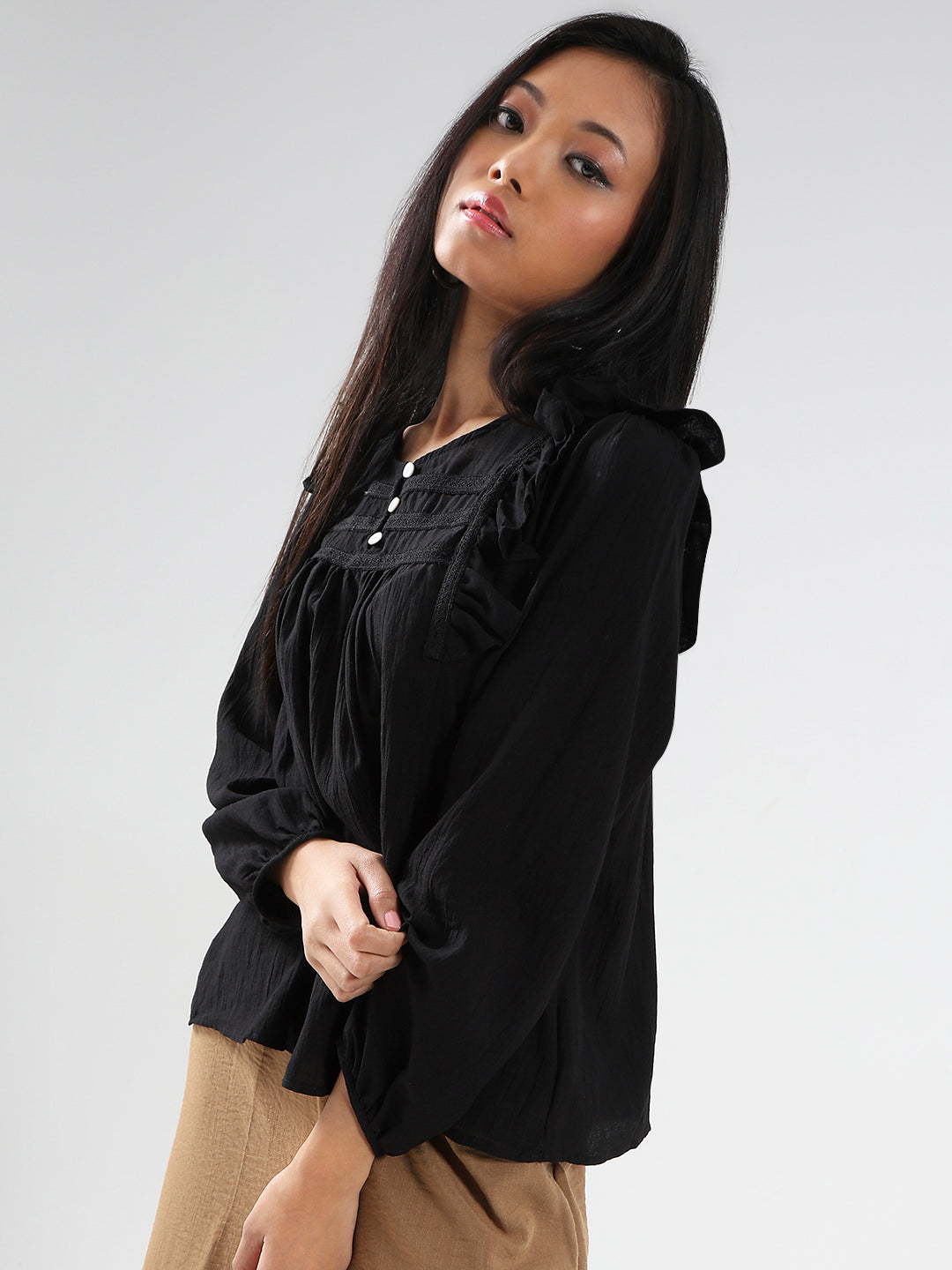 Black Cotton Nylon Ruffled Button-Front Top