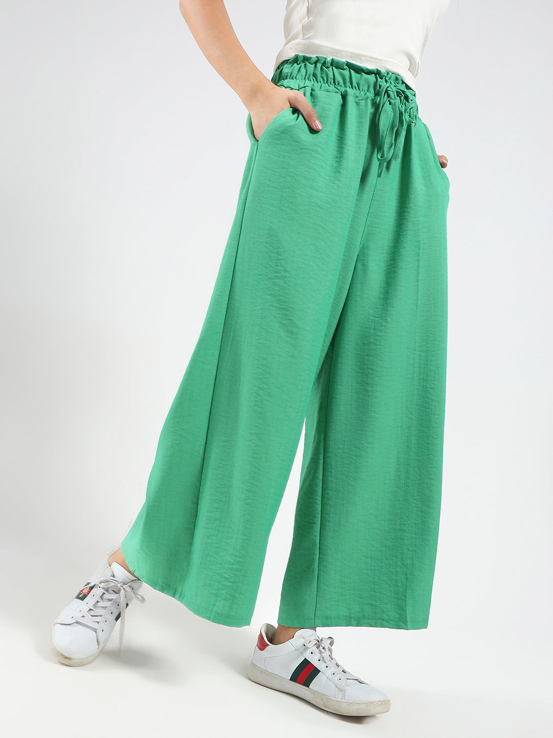 Green Cotton Nylon Wide Leg Casual Trouser
