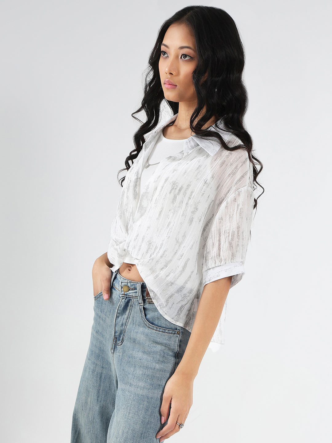 White Tencel Nylon Oversized Shirt with tank top and Necklace