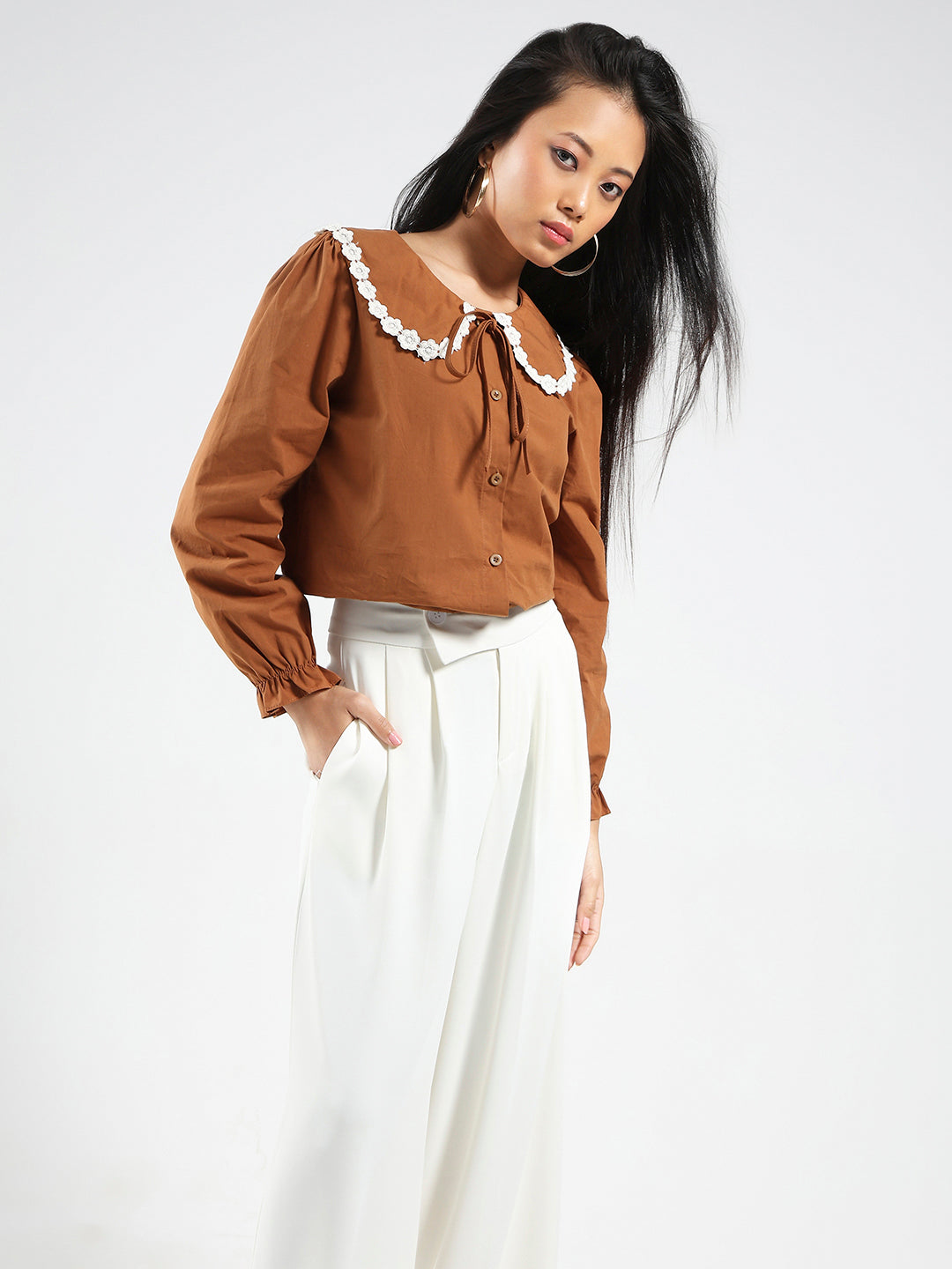 Brown Peter Pan Collar OverSize Shirt with Floral Lace