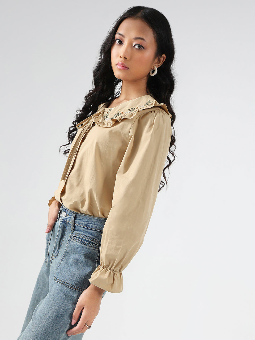 Beige Embriodered Peter Pan Collar OverSize Shirt with Floral Lace