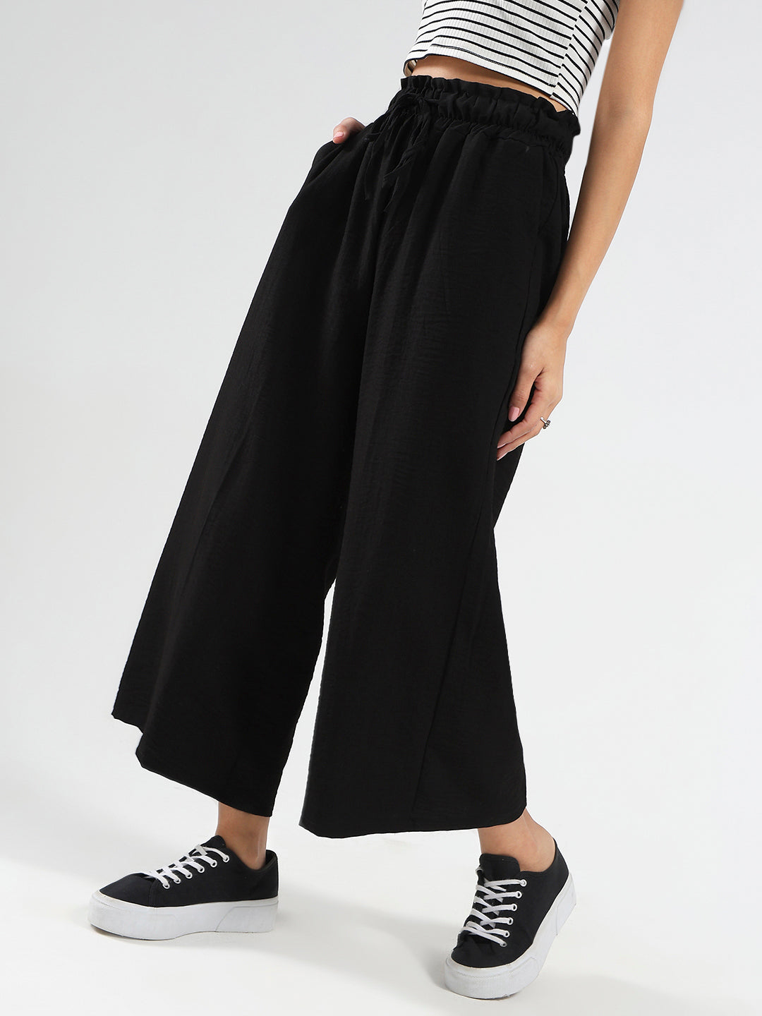 Black Cotton Nylon Wide Leg Casual Trouser