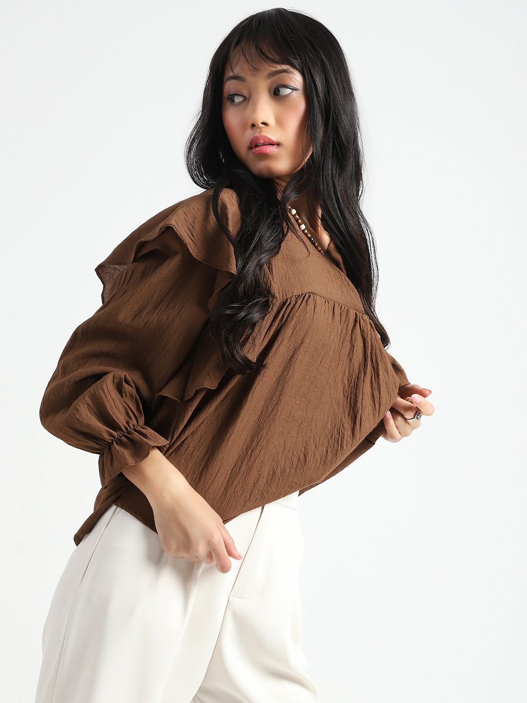 Brown Cotton Nylon Ruffle Top