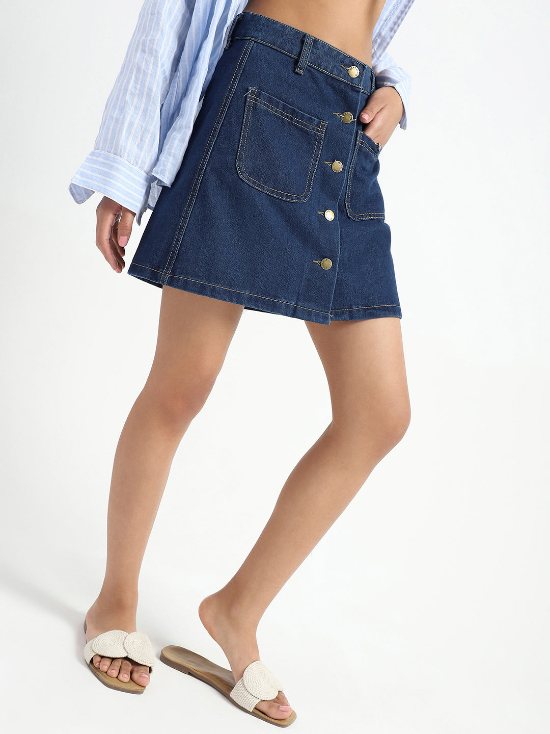 Stylish Button Front Denim Mini Skirt