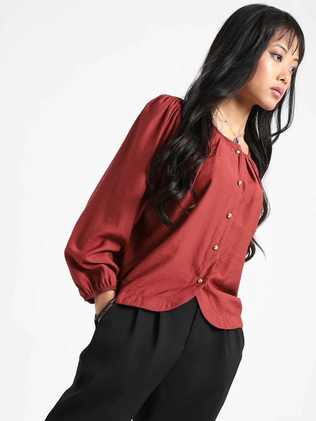 Rust Cotton Nylon Puff Sleeve Top