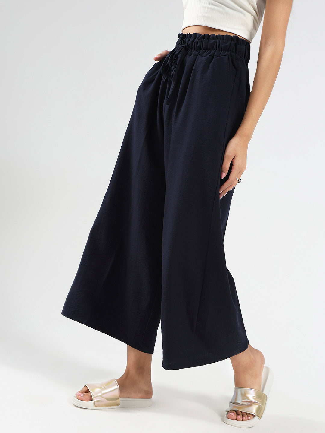Navy Blue Cotton Nylon Wide Leg Casual Trouser