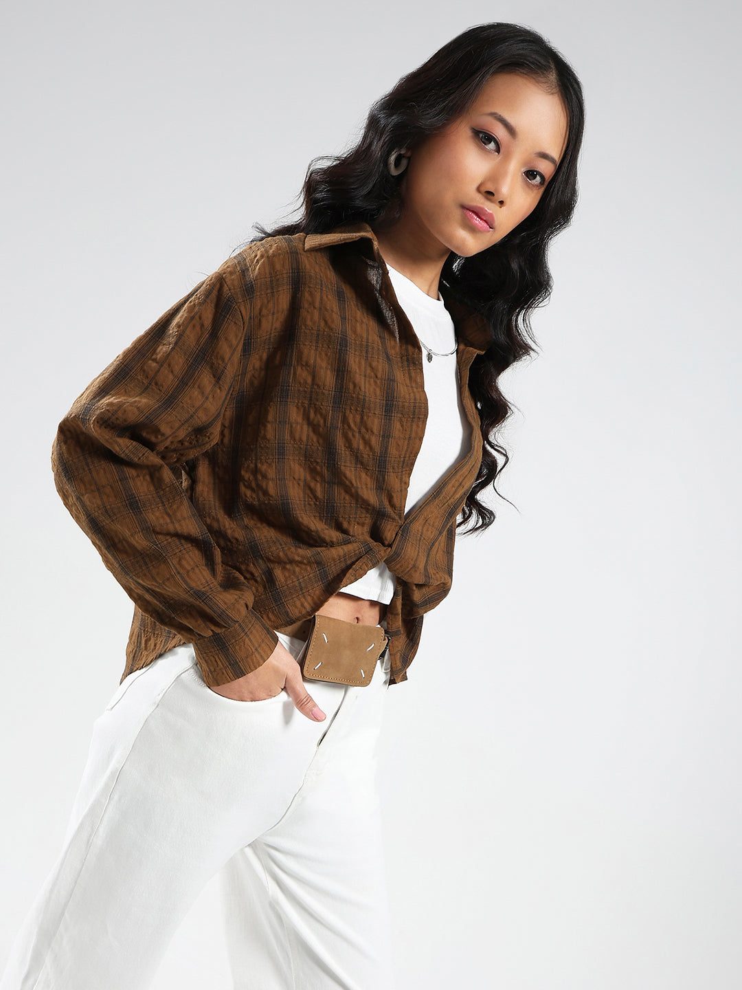 Brown Checkered Oversized Shirt with tank top and necklace
