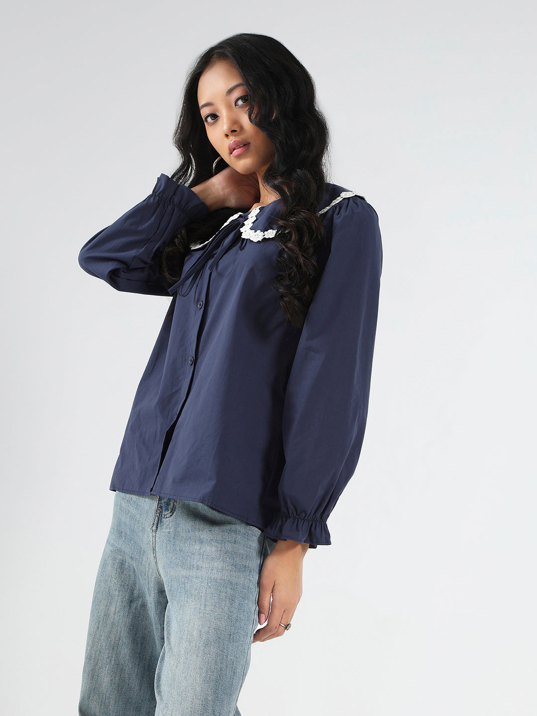 Navy Peter Pan Collar OverSize Shirt with Floral Lace