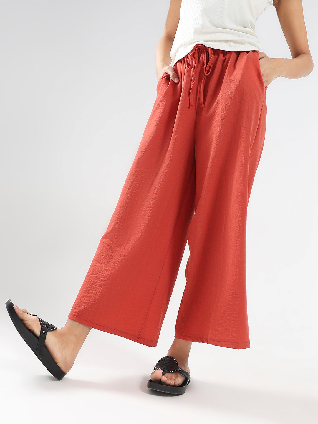 Rust Cotton Nylon Wide Leg Casual Trouser