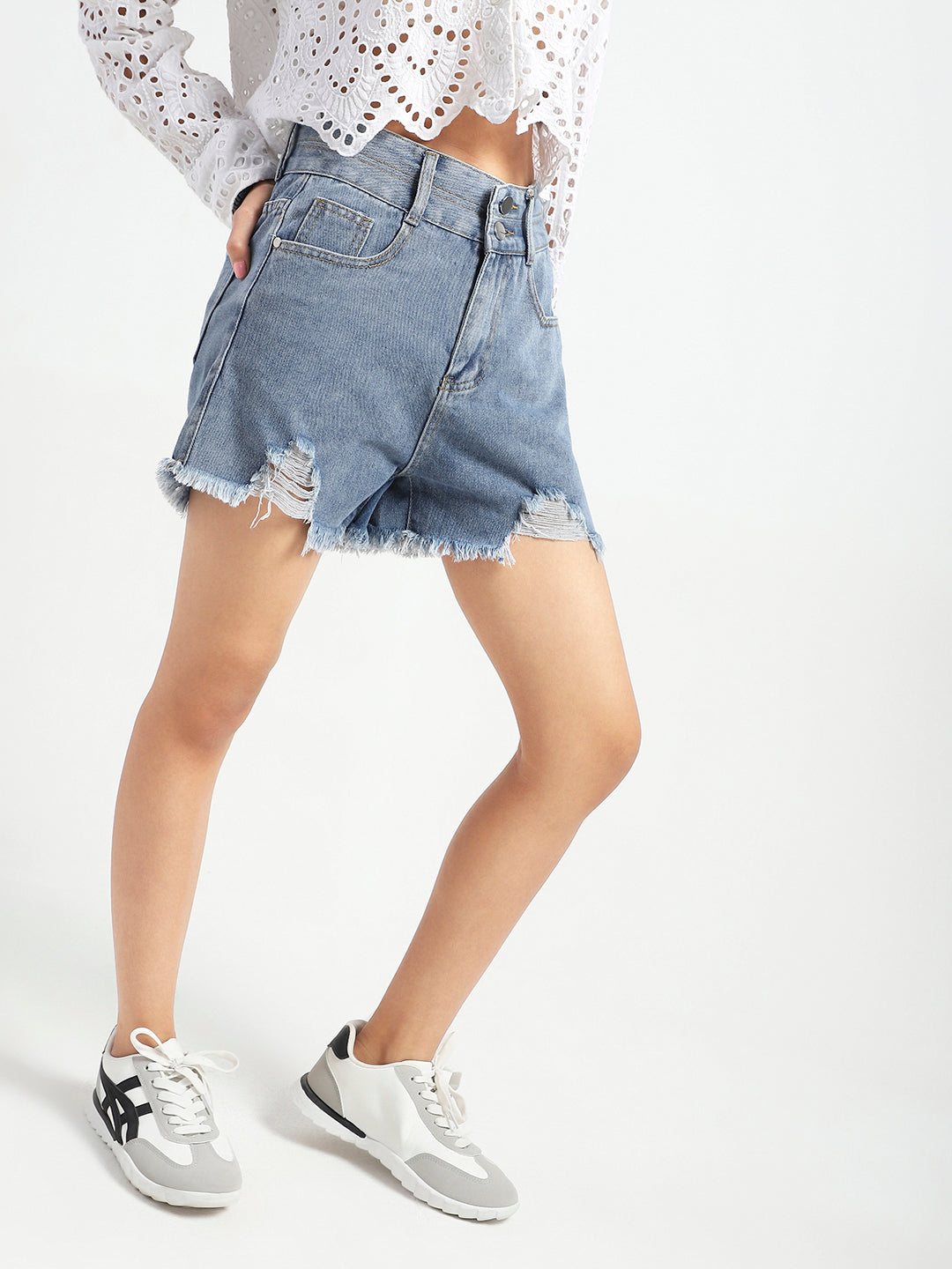 High Rise Distressed Denim Shorts
