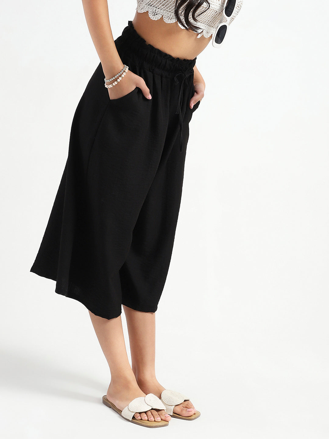 Black Cotton Nylon Wide-Leg High-Waist Capris
