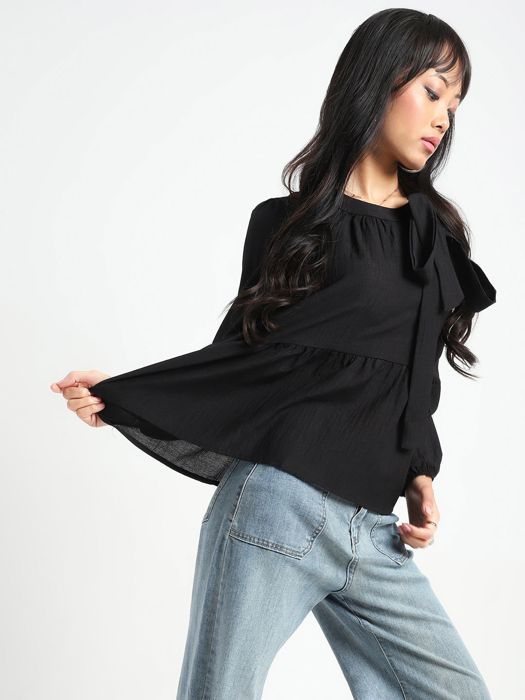 Black Bow Tie Peplum Stylish Long Sleeve Top
