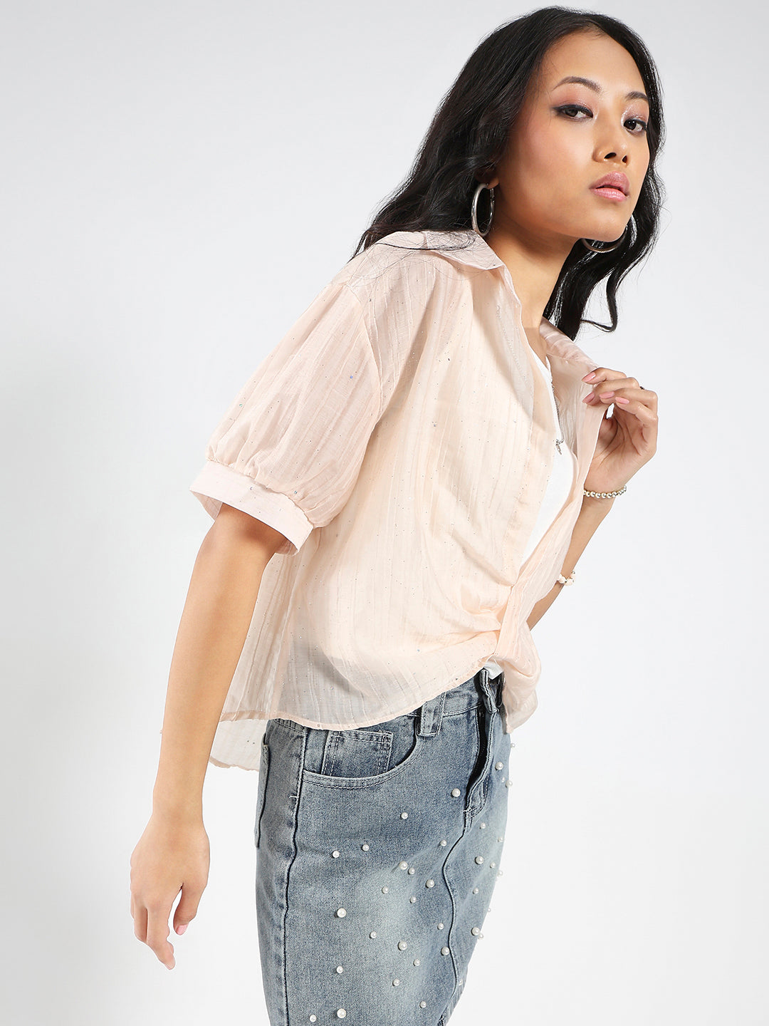Tencel Nylon Studded Oversized Shirt with tank top and necklace